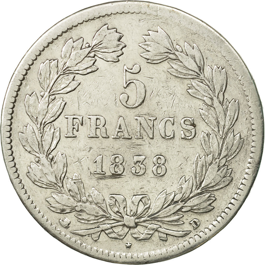 Coin, France, Louis-Philippe, 5 Francs, 1838, Lyon, VF(30-35), Silver, KM:749.4