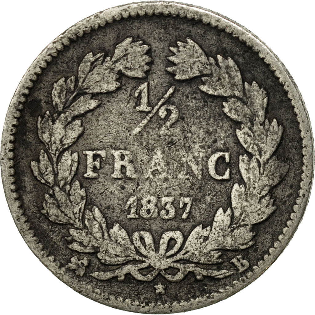 Monnaie, France, Louis-Philippe, 1/2 Franc, 1837, Rouen, B+, Argent, KM:741.2