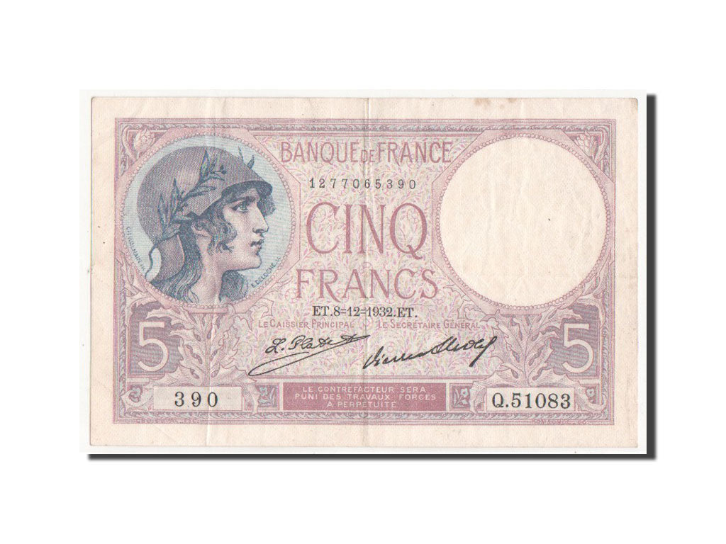 Geldschein, Frankreich, 5 Francs, 5 F 1917-1940 ''Violet'', 1932, SS