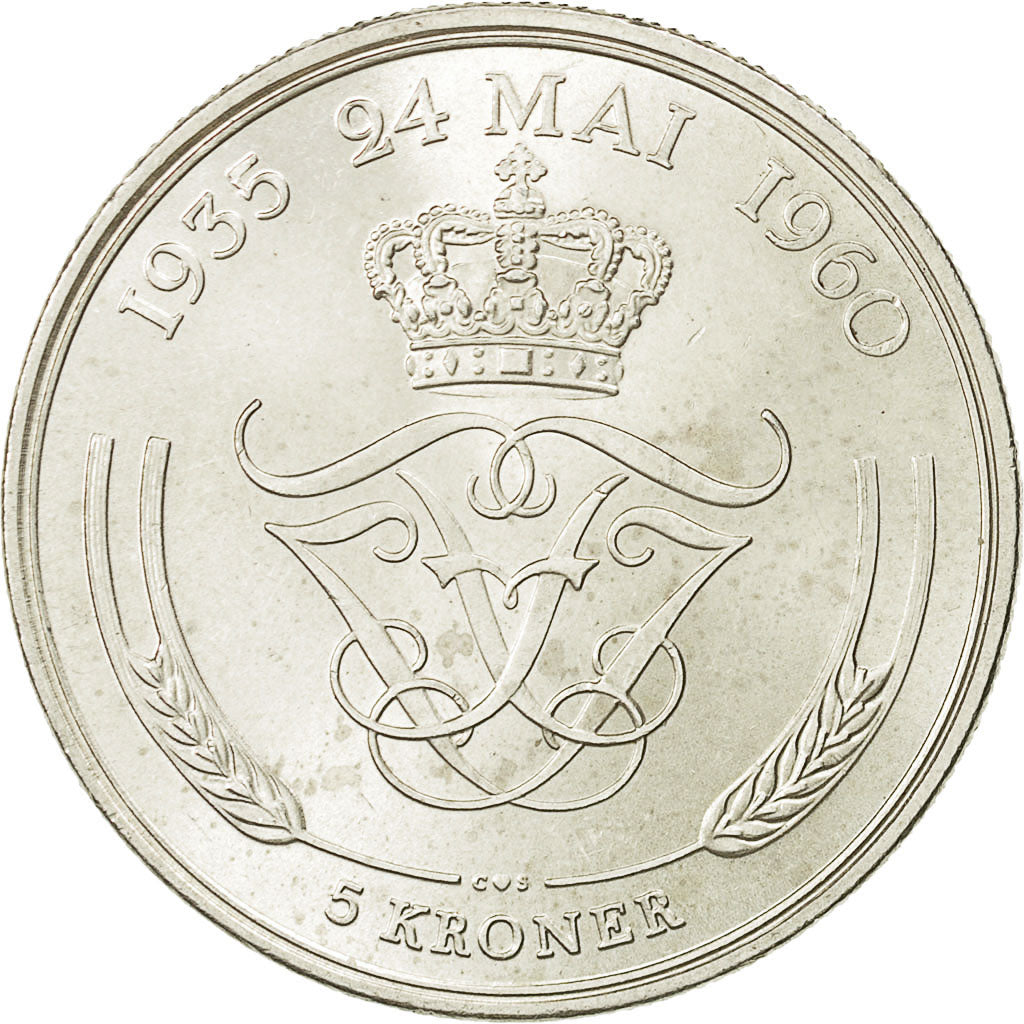 Coin, Denmark, Frederik IX, 5 Kroner, 1960, Copenhagen, MS(63), Silver, KM:852