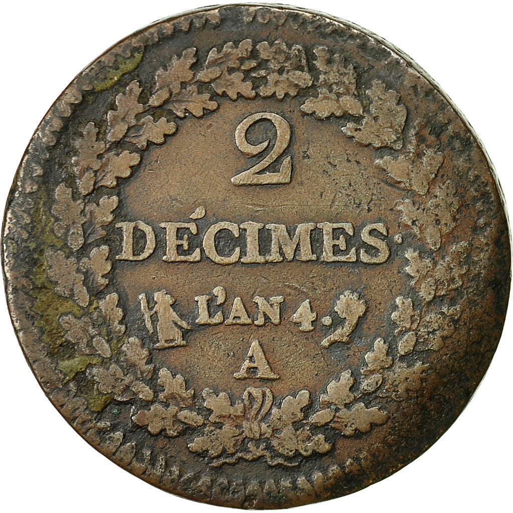 France, 2 Décimes, Dupré, AN 4, Paris, Bronze, TB+, Gadoury:300, KM:638.1