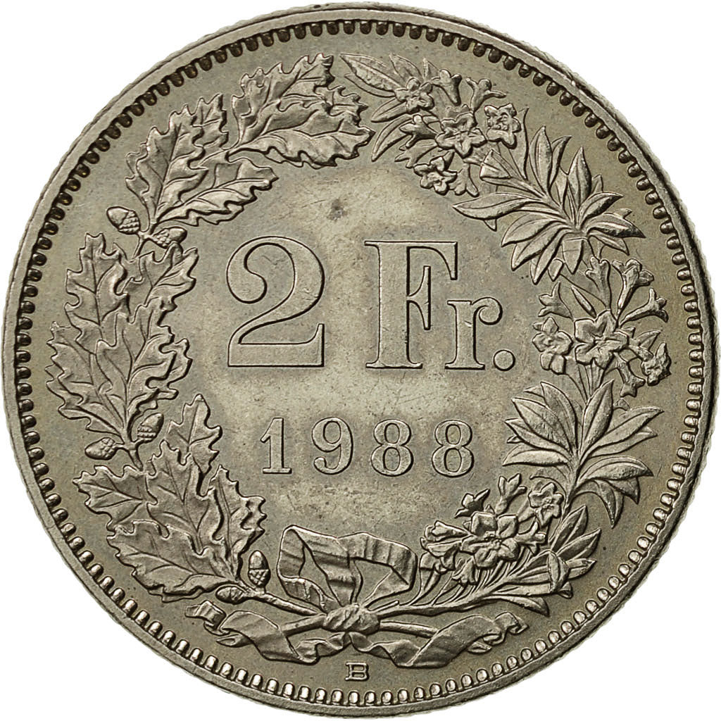Coin, Switzerland, 2 Francs, 1988, Bern, MS(64), Copper-nickel, KM:21a.3