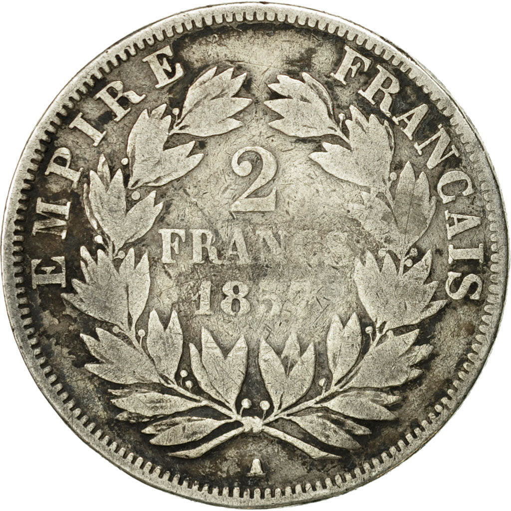 Moneda, Francia, Napoleon III, 2 Francs, 1857, Paris, BC+, Plata, KM 780.1