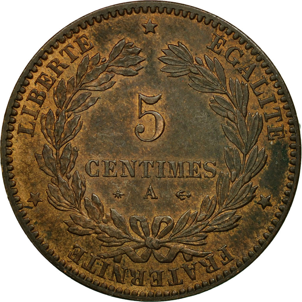 France, 5 Centimes, Cérès, 1877, Paris, Bronze, MS(60-62), Gadoury:157a