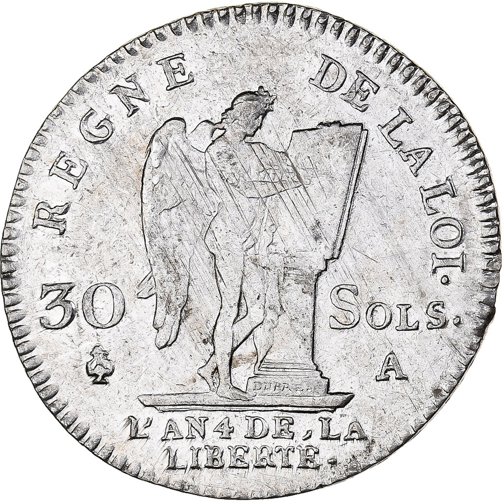 França, Louis XVI, 30 sols françois, 1792 / AN 4, Paris, Prata, AU(50-53)