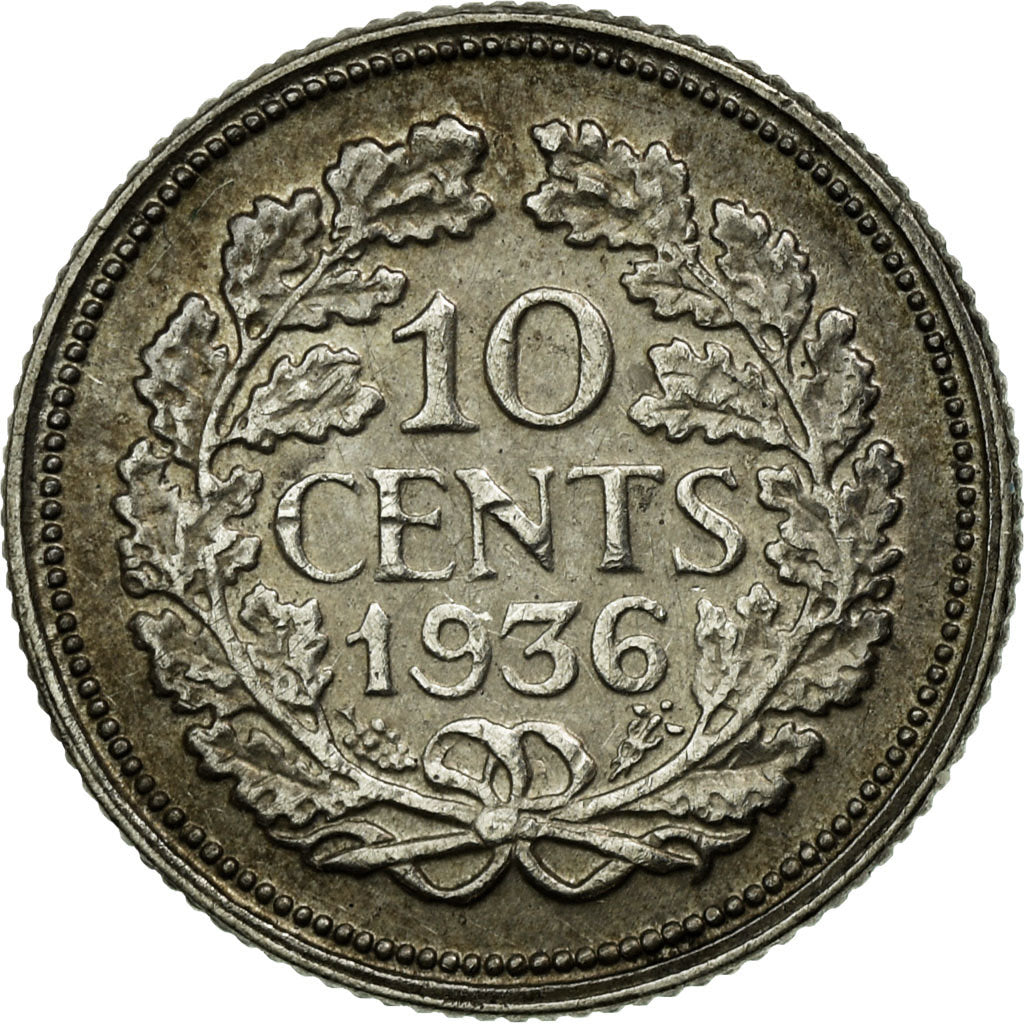 Moneda, Países Bajos, Wilhelmina I, 10 Cents, 1936, MBC, Plata, KM:163