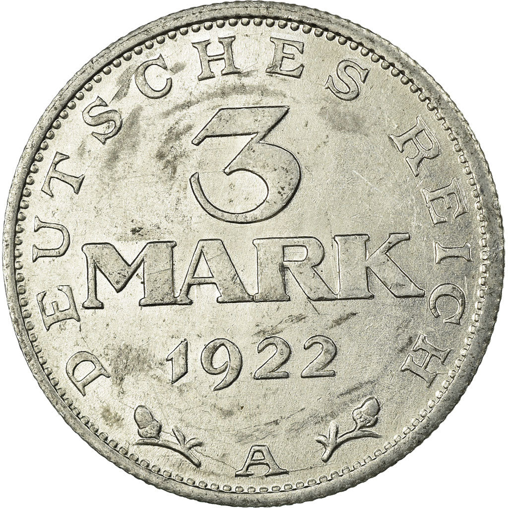 Coin, GERMANY, WEIMAR REPUBLIC, 3 Mark, 1922, Berlin, AU(50-53), Aluminum, KM:28