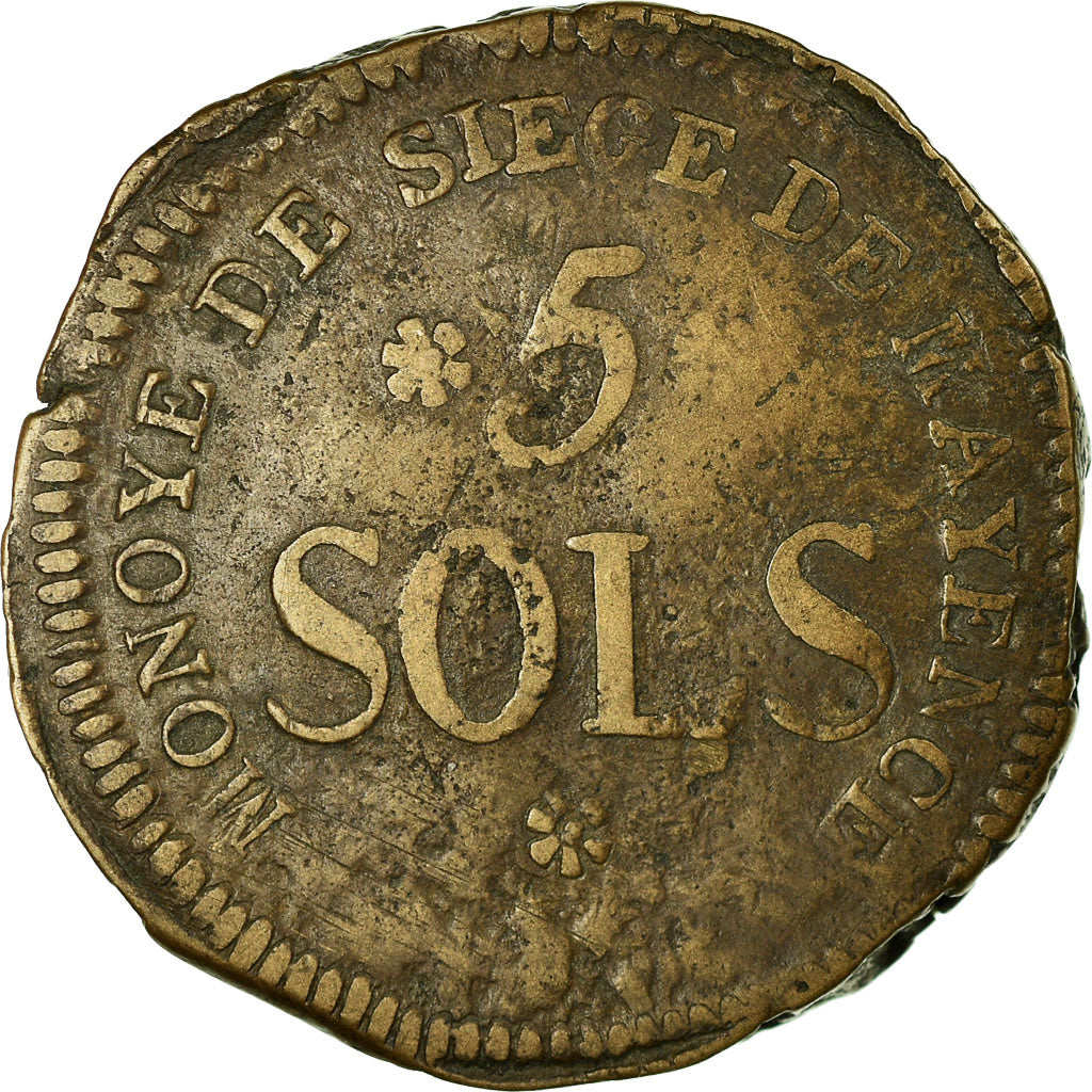 France, 5 Sols, Siège de Mayence, 1793 / An 2, Mayence, Copper, VF(20-25)