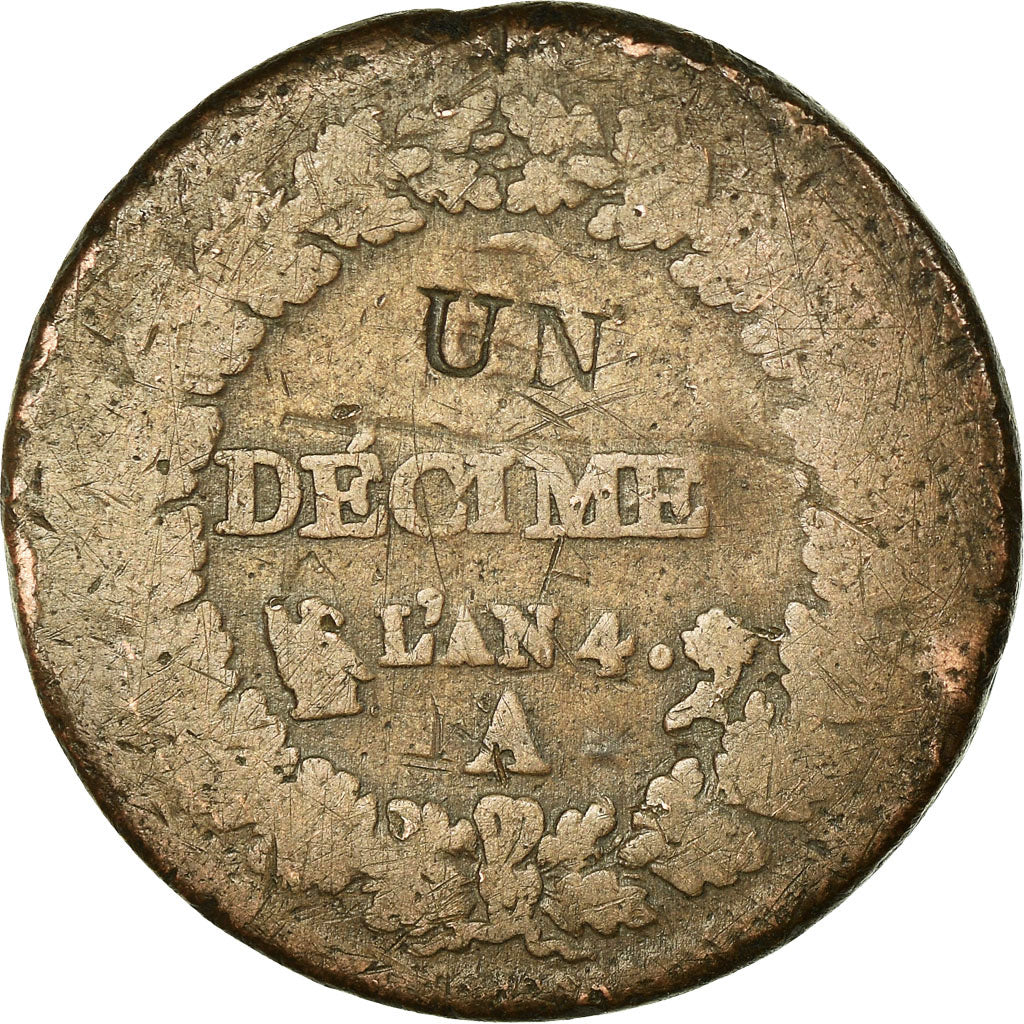 Coin, France, Dupré, Decime, AN 4, Paris, VF(20-25), Bronze, KM:637.1