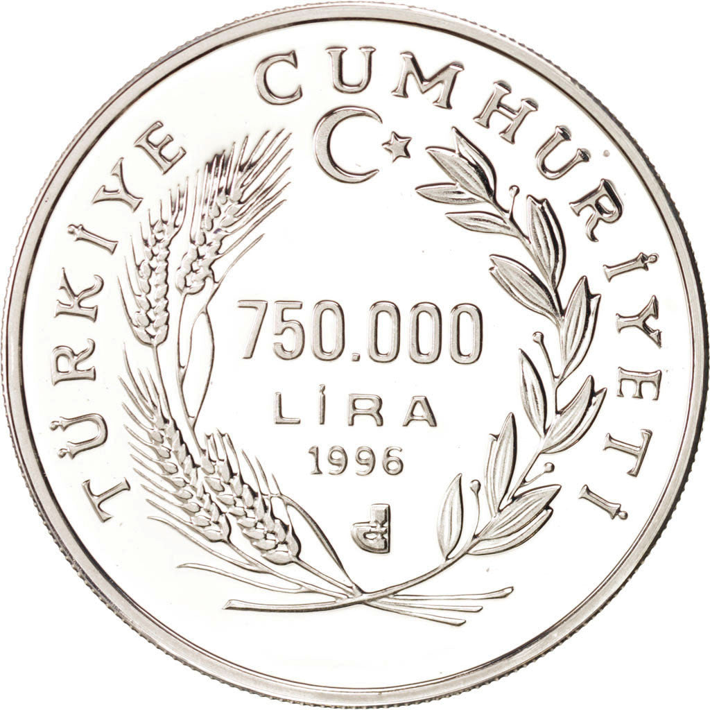 Coin, Turkey, 750000 Lira, 1996, MS(65-70), Silver, KM:1063