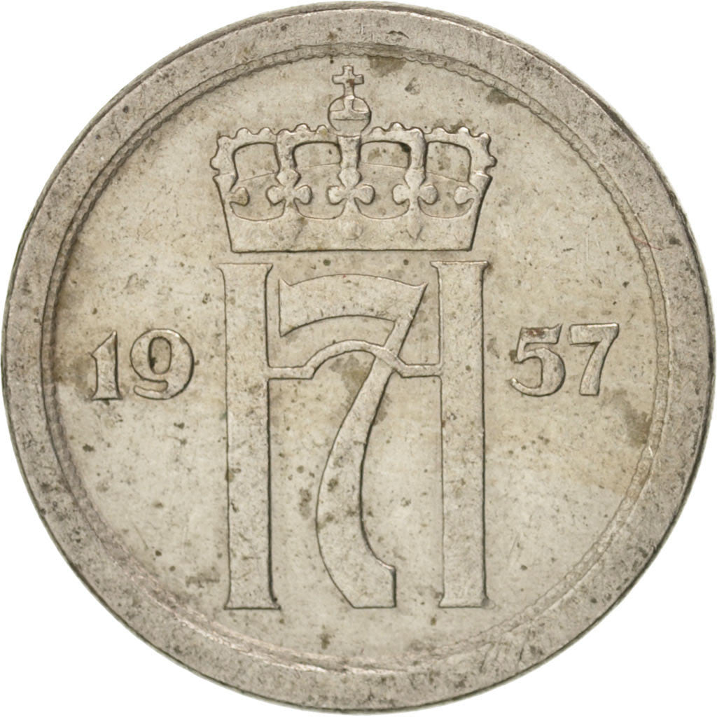 Moneta, Norvegia, Haakon VII, 10 Öre, 1957, BB+, Rame-nichel, KM:396