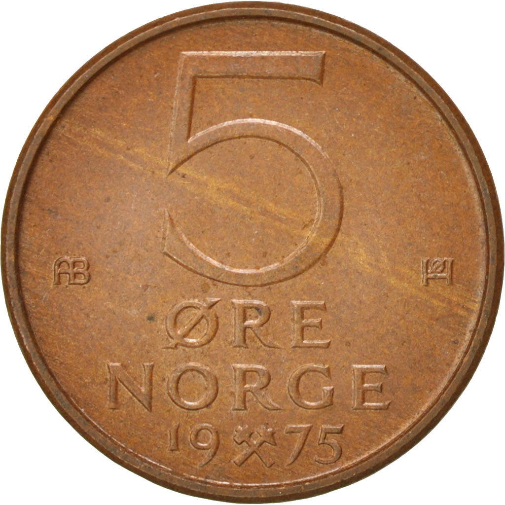 Coin, Norway, Olav V, 5 Öre, 1975, MS(60-62), Bronze, KM:415