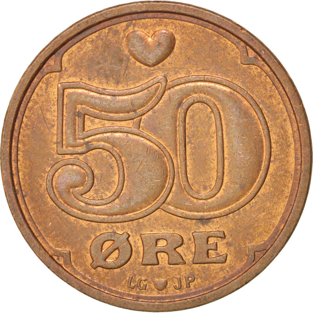 Coin, Denmark, Margrethe II, 50 Öre, 1994, Brondby, AU(55-58), Bronze, KM:866.2