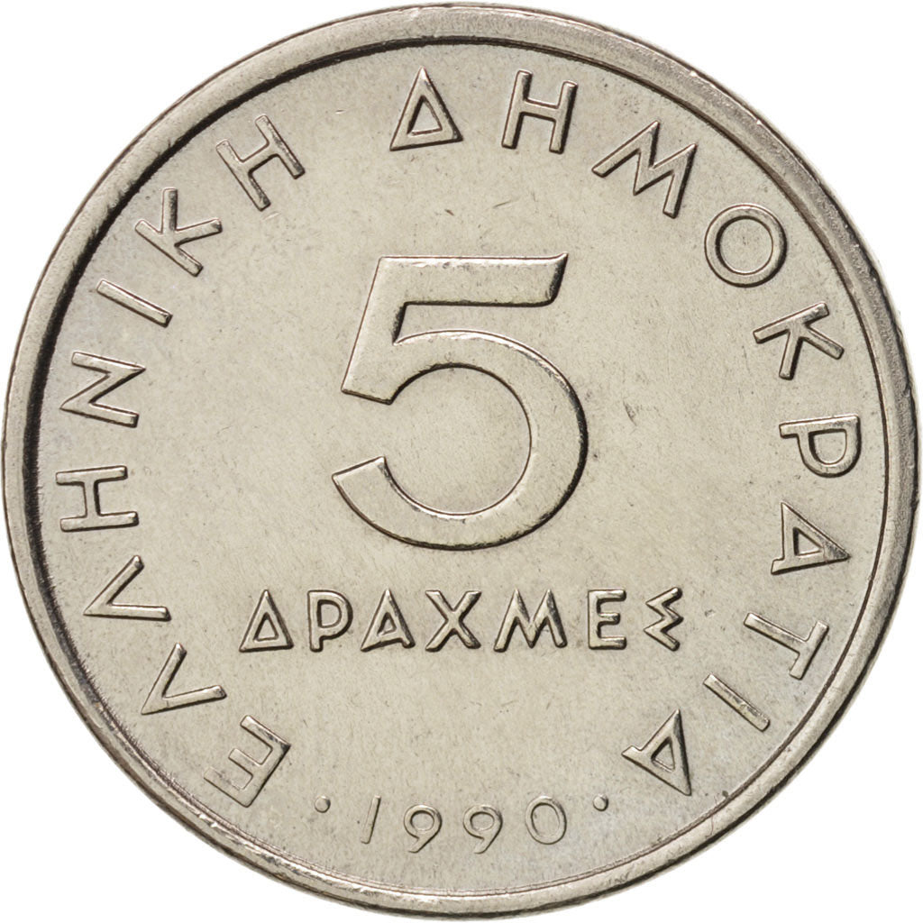 Coin, Greece, 5 Drachmes, 1990, MS(60-62), Copper-nickel, KM:131
