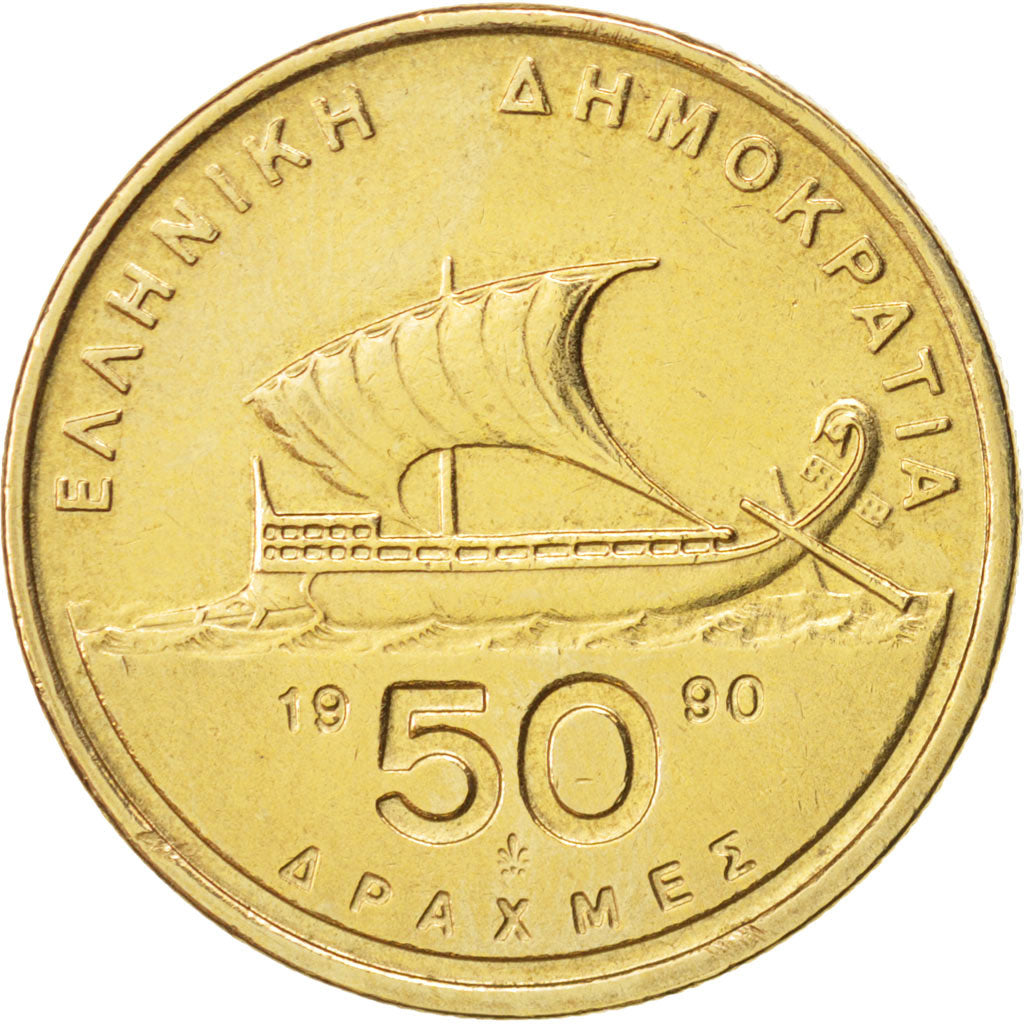 Coin, Greece, 50 Drachmes, 1990, AU(50-53), Aluminum-Bronze, KM:147