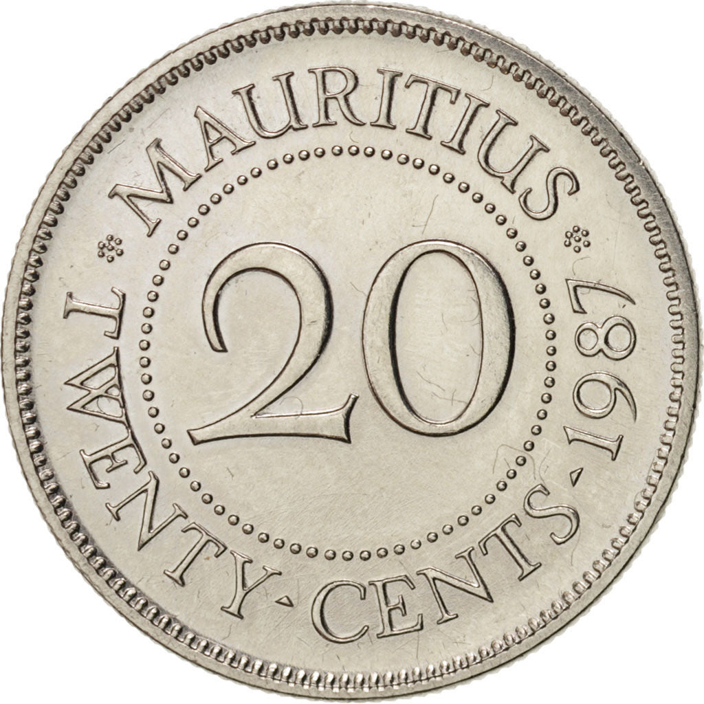 Coin, Mauritius, 20 Cents, 1987, AU(55-58), Nickel plated steel, KM:53