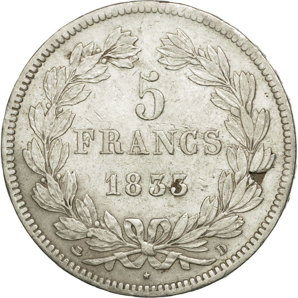 Coin, France, Louis-Philippe, 5 Francs, 1833, Lyon, VF(30-35), Silver, KM:749.4
