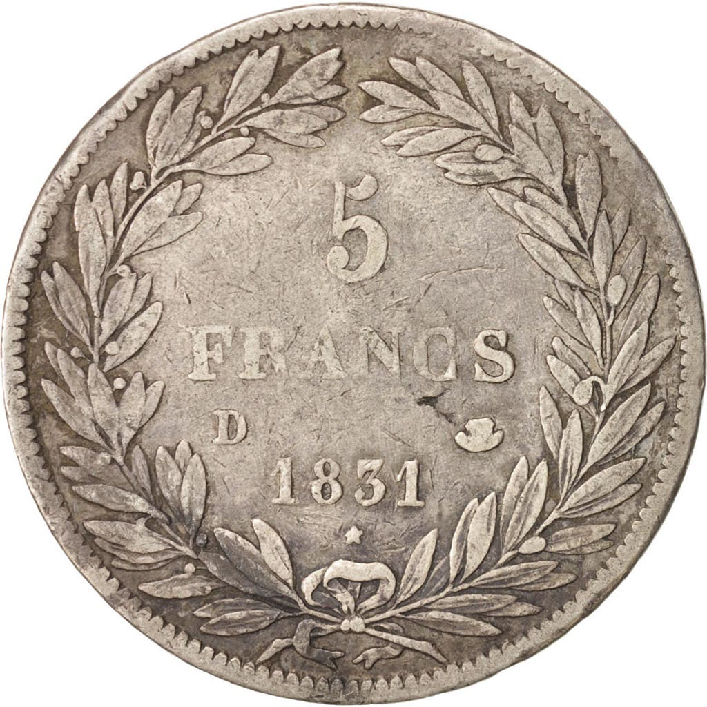 Coin, France, Louis-Philippe, 5 Francs, 1831, Lyon, VF(30-35), Silver, KM:735.4