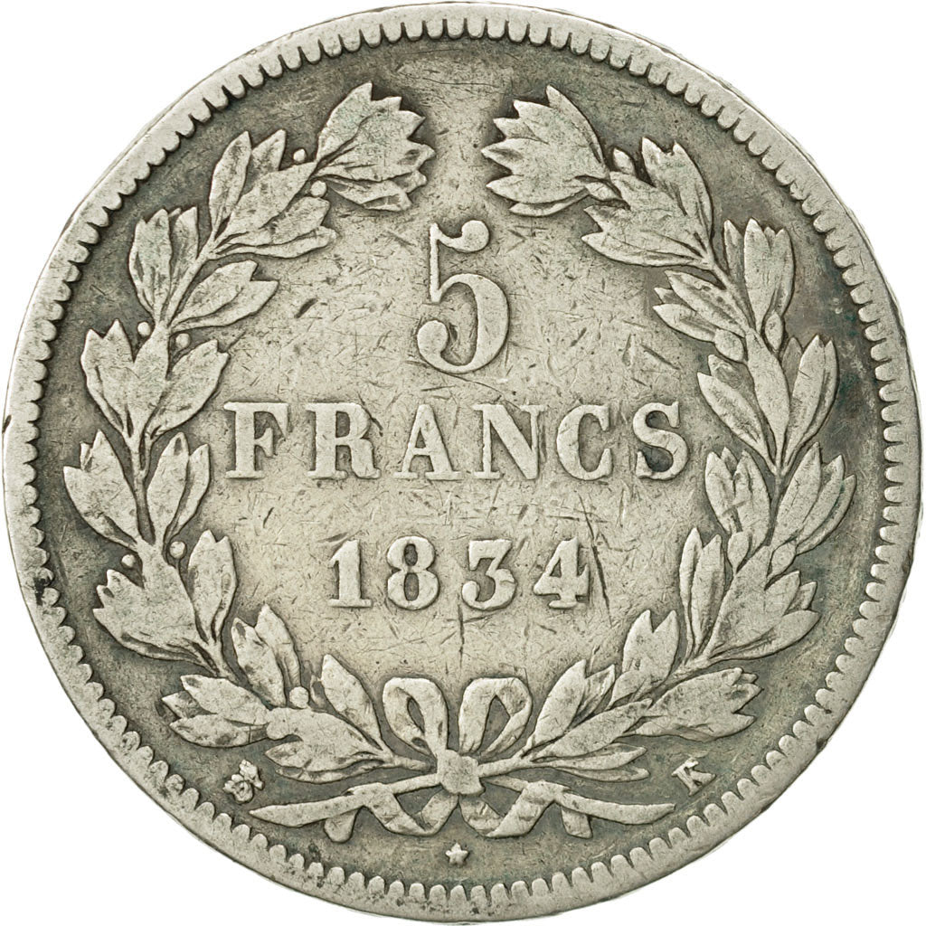 Coin, France, Louis-Philippe, 5 Francs, 1834, Bordeaux, F(12-15), Silver