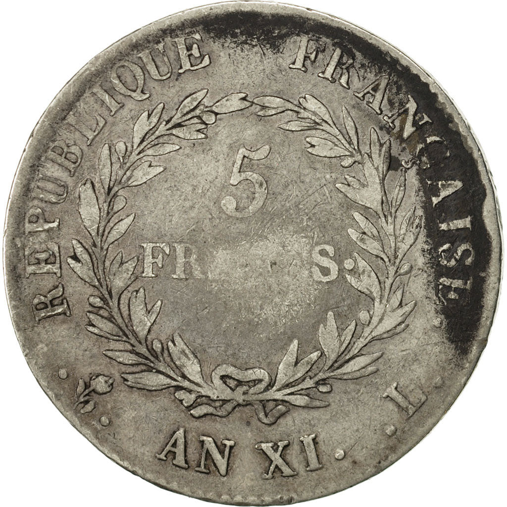 France, Bonaparte Premier Consul, 5 Francs, An XI, Bayonne, Tulip, Silver