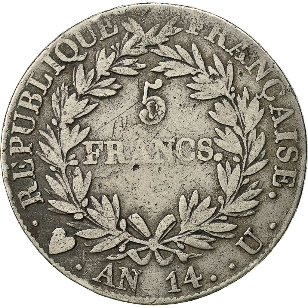 Frankreich, Napoleon I, 5 Francs, AN 14, Torino, Silber, S, Gadoury:580