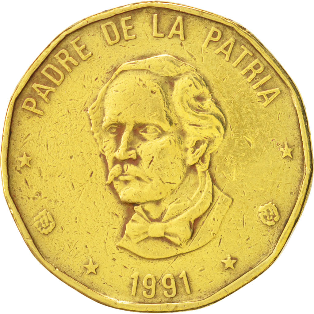 Moneda, República Dominicana, Peso, 1991, BC+, Latón, KM:80.1