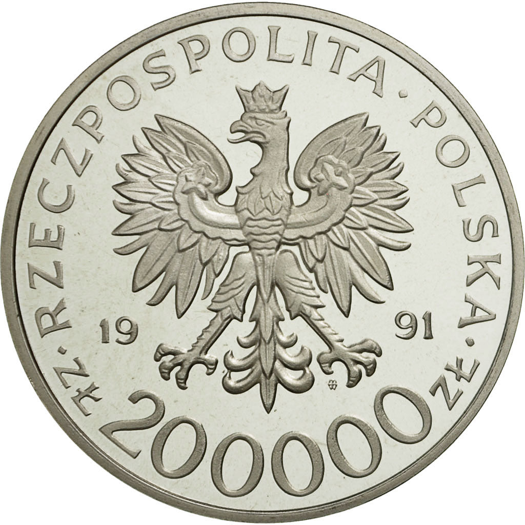 Coin, Poland, 200000 Zlotych, 1991, MS(63), Silver, KM:251
