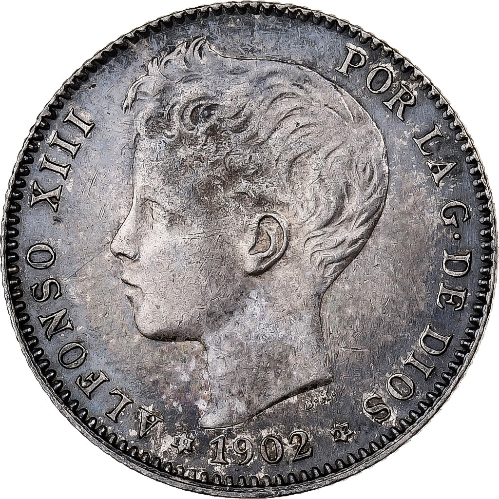 España, Alfonso XIII, 1 Peseta, 1902, Madrid, Plata, MBC+, KM:706
