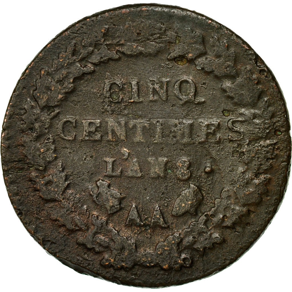 Moneta, Francia, Dupré, 5 Centimes, AN 8, Metz, MB, Bronzo, KM:640.2