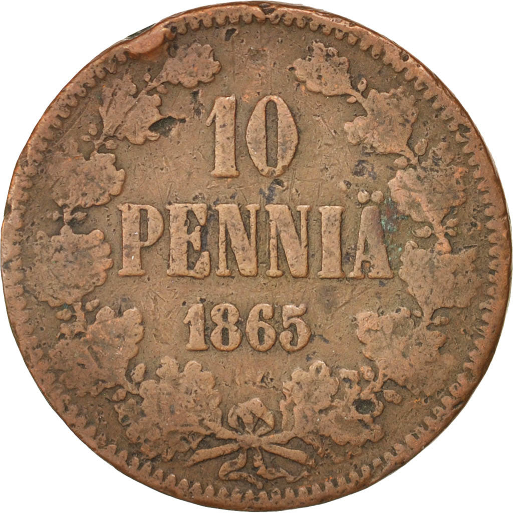 Coin, Finland, Alexander II, 10 Pennia, 1865, VF(20-25), Copper, KM:5.1