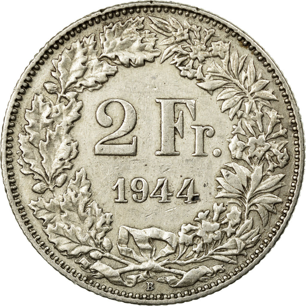 Coin, Switzerland, 2 Francs, 1944, Bern, EF(40-45), Silver, KM:21