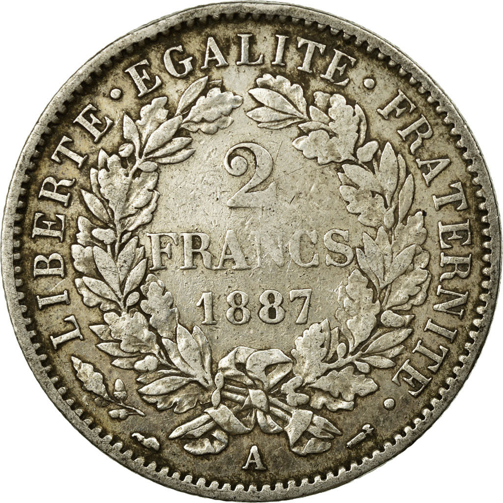 Moneda, Francia, Cérès, 2 Francs, 1887, Paris, MBC, Plata, KM:817.1