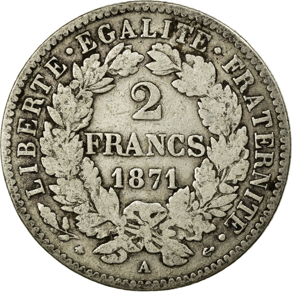 Moneta, Francia, Cérès, 2 Francs, 1871, Paris, MB, Argento, KM:817.1