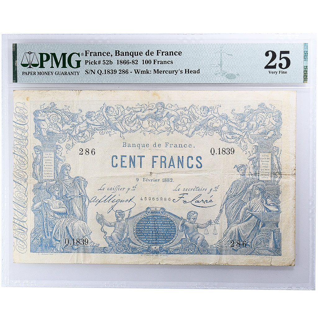 Francia, 100 Francs, INDICES NOIRS, 1882-02-09, Q.1839, VF 25, PMG