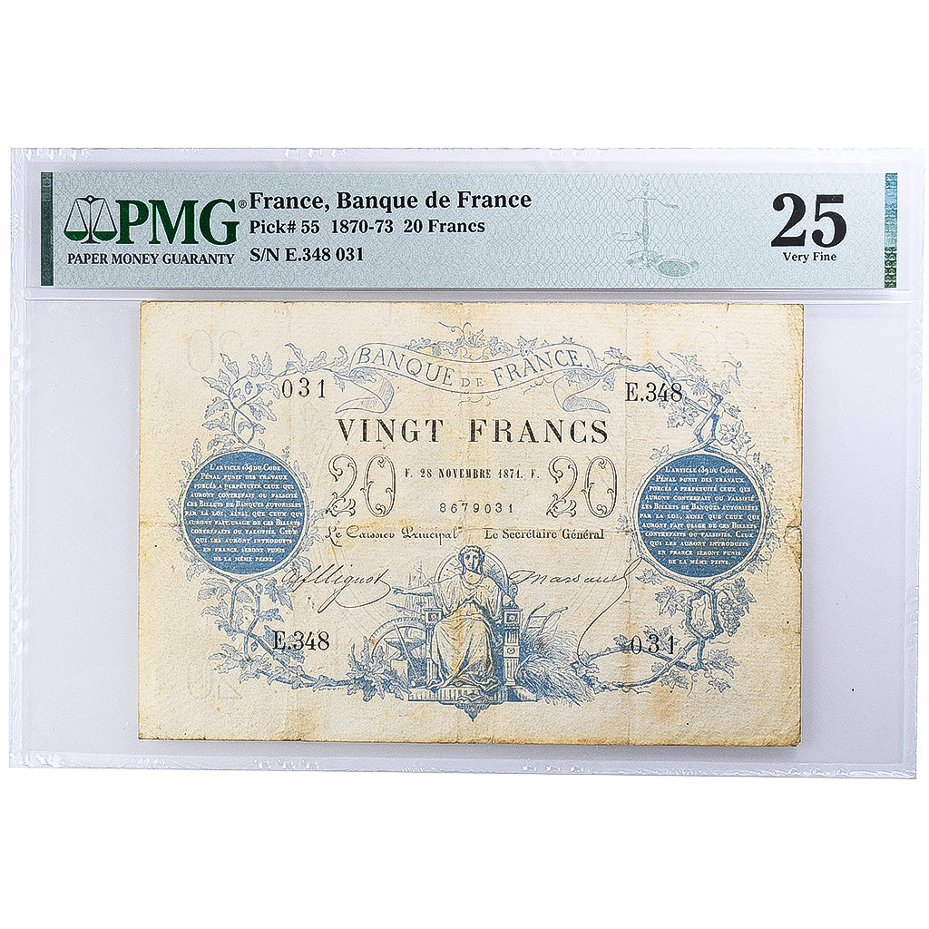France, 20 Francs, 1871-11-28, E.348, Chazal, VF 25, PMG