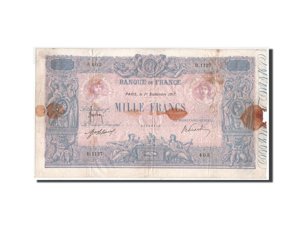Biljet, Frankrijk, 1000 Francs, 1917, 01.09.1917, TB, Fayette:36.31, KM:67g
