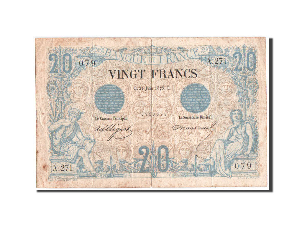 Billete, Francia, 20 Francs, 20 F 1874-1905 ''Noir'', 1875, 21.06.1875, BC