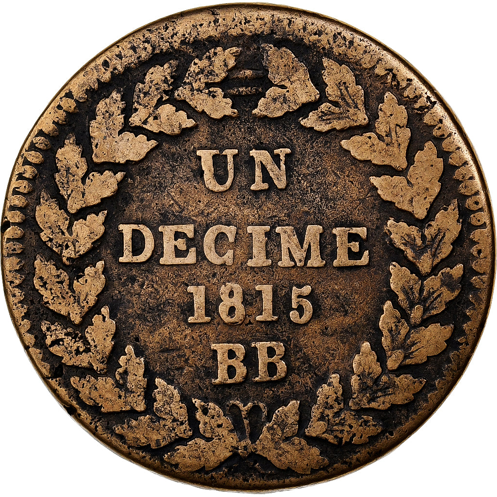 Francia, Louis XVIII, 1 Décime, 1815, Strasbourg, Bronzo, MB, Gadoury:196c