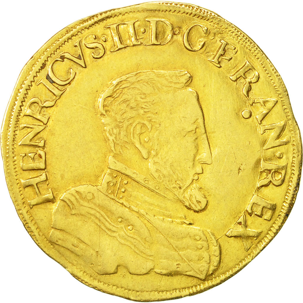 Coin, France, Henri II, Double Henri d'or, 1557, Rouen, EF(40-45), Gold
