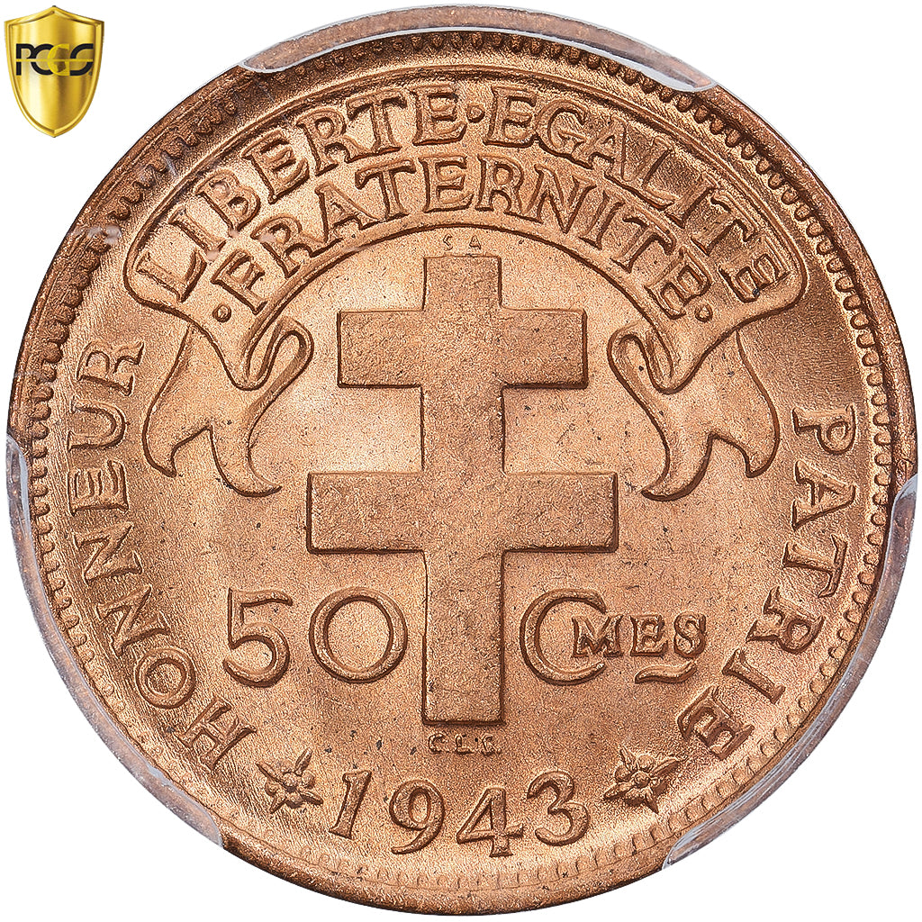 Cameroon, 50 Centimes, 1943, Pretoria, PCGS, MS66RD, Bronze, KM:6