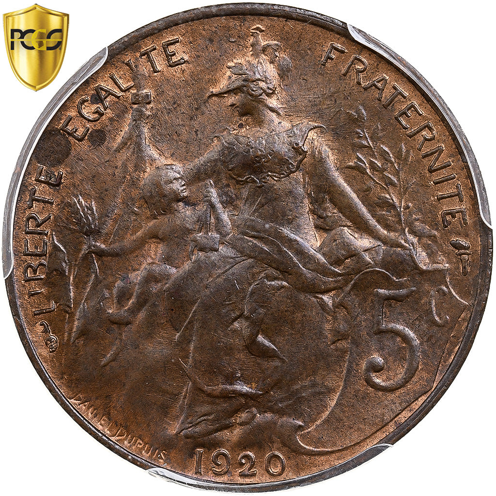 France, 5 Centimes, Daniel-Dupuis, 1920, Paris, Bronze, PCGS, MS64RB