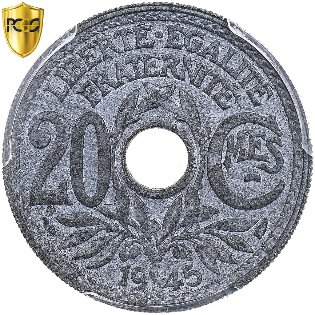 Francja, 20 Centimes, Lindauer, 1945, Paris, Cynk, PCGS, MS63, Gadoury:324