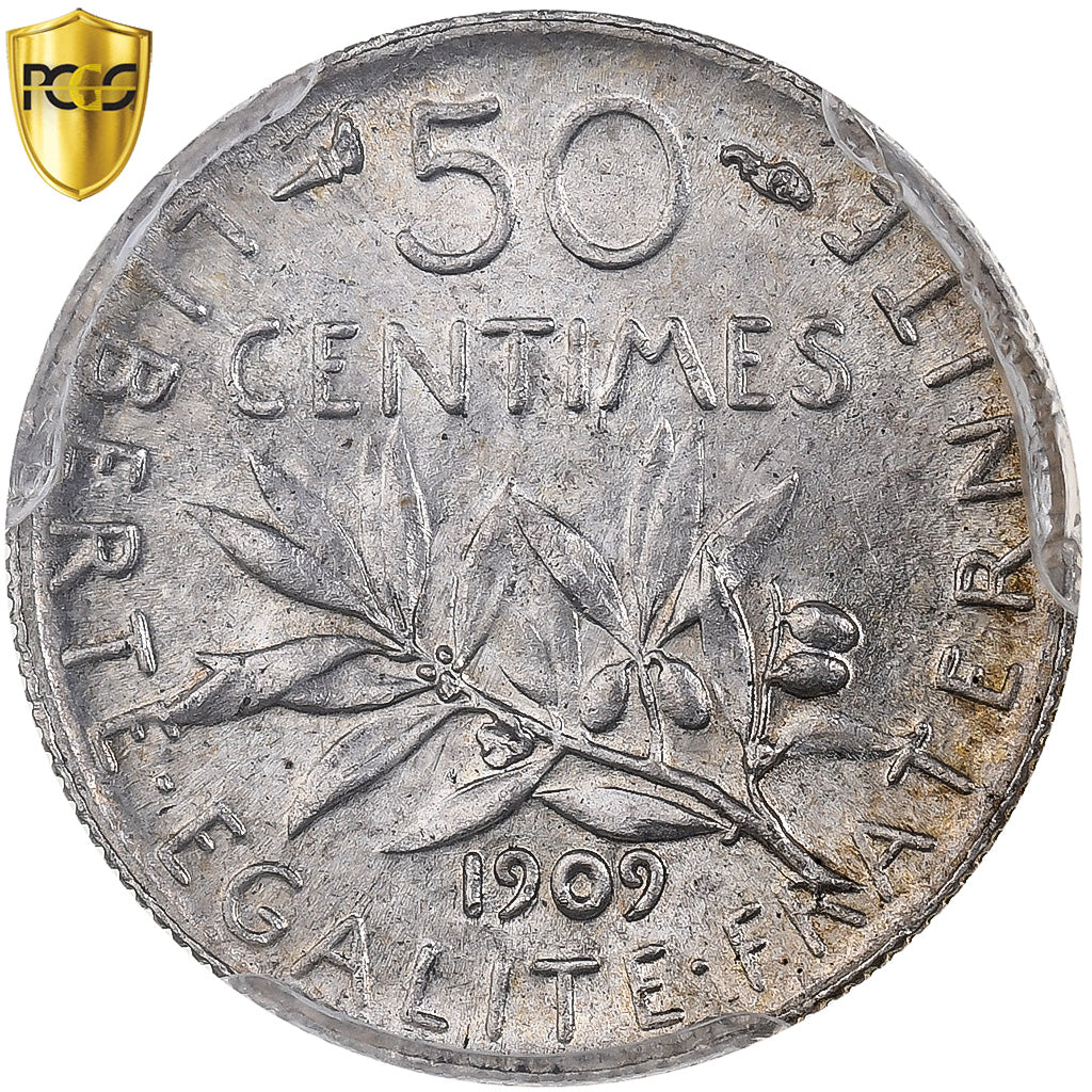 France, 50 Centimes, Semeuse, 1909, Paris, Silver, PCGS, MS64, Gadoury:420