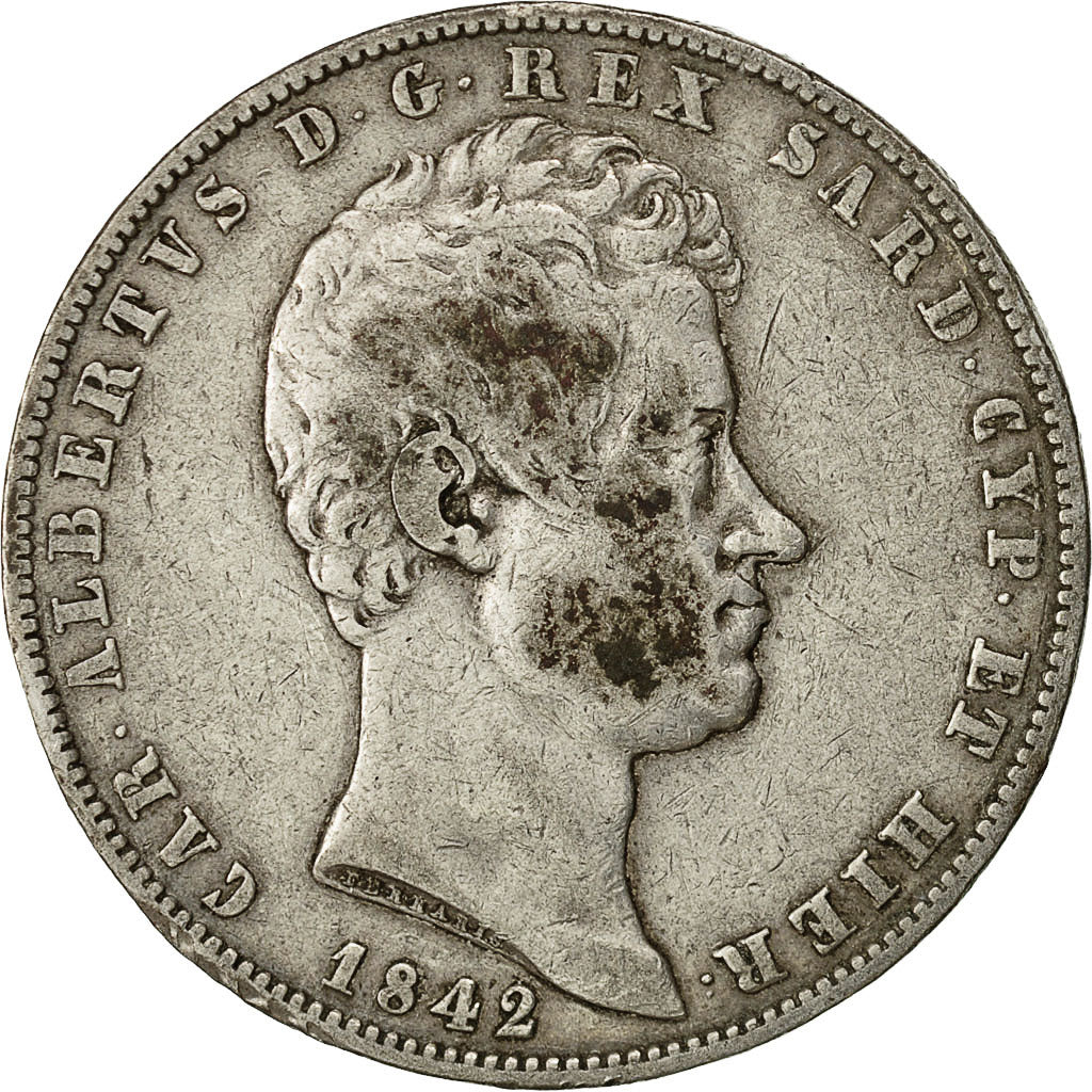 Moneta, DEPARTAMENTY WŁOSKIE, SARDINIA, Carlo Alberto, 5 Lire, 1842, Torino