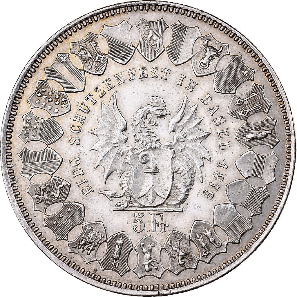 Switzerland, 5 Francs, Basel Shooting Festival, 1879, Bern, Silver, EF(40-45)