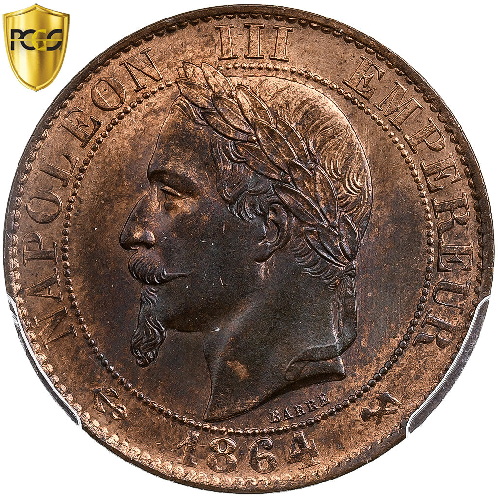 France, Napoléon III, 5 Centimes, 1864, Bordeaux, Bronze, PCGS, MS64RB
