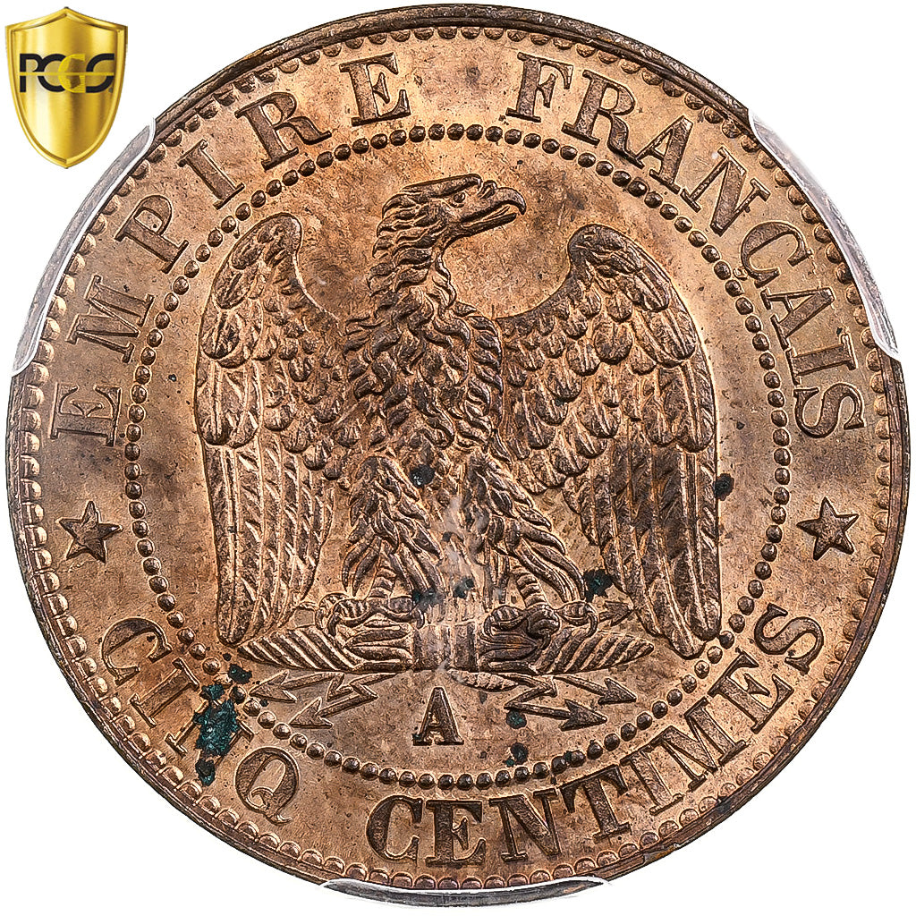 France, Napoleon III, 5 Centimes, 1865, Paris, Bronze, PCGS, MS63RB