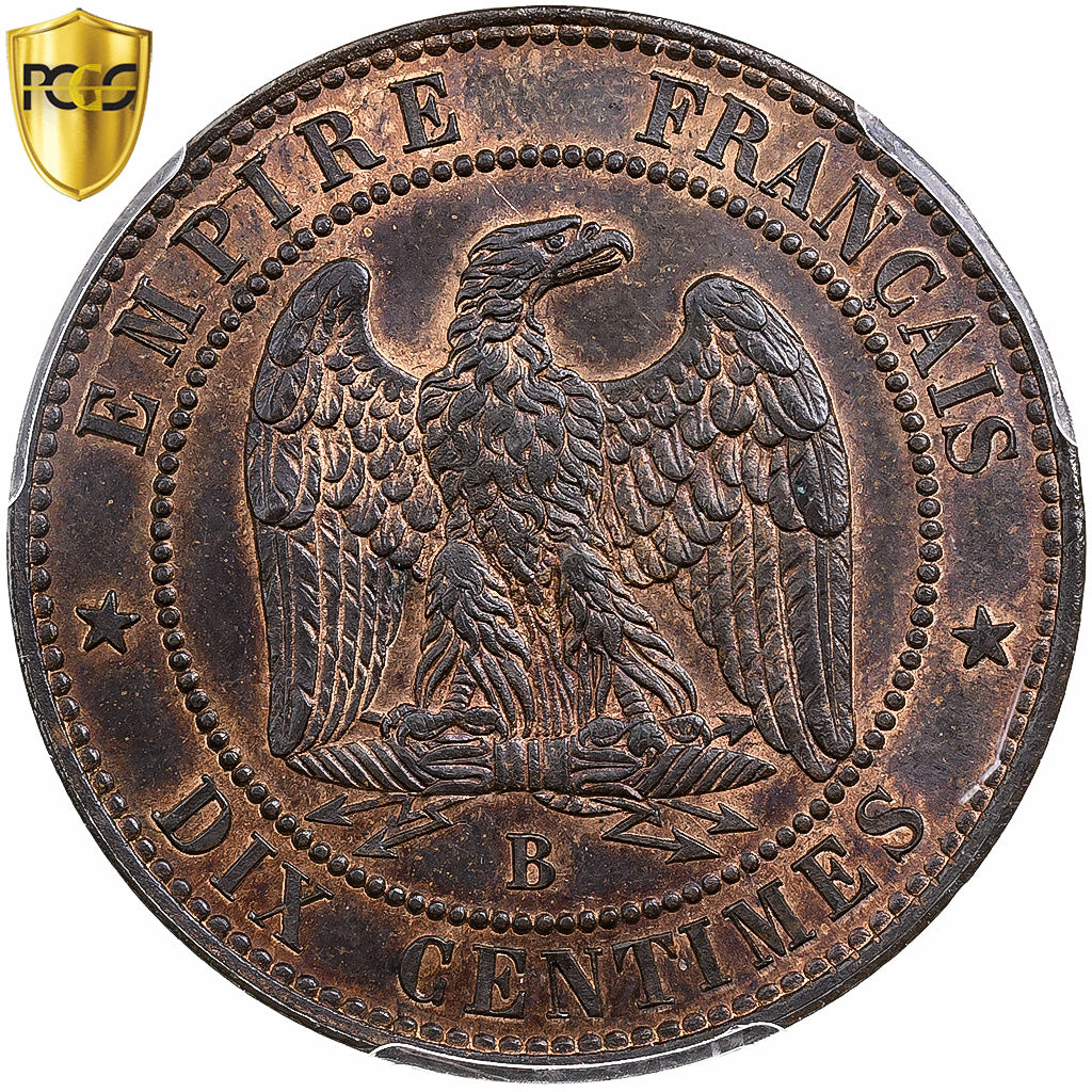 France, Napoleon III, 10 Centimes, 1853, Rouen, Bronze, PCGS, MS63RB