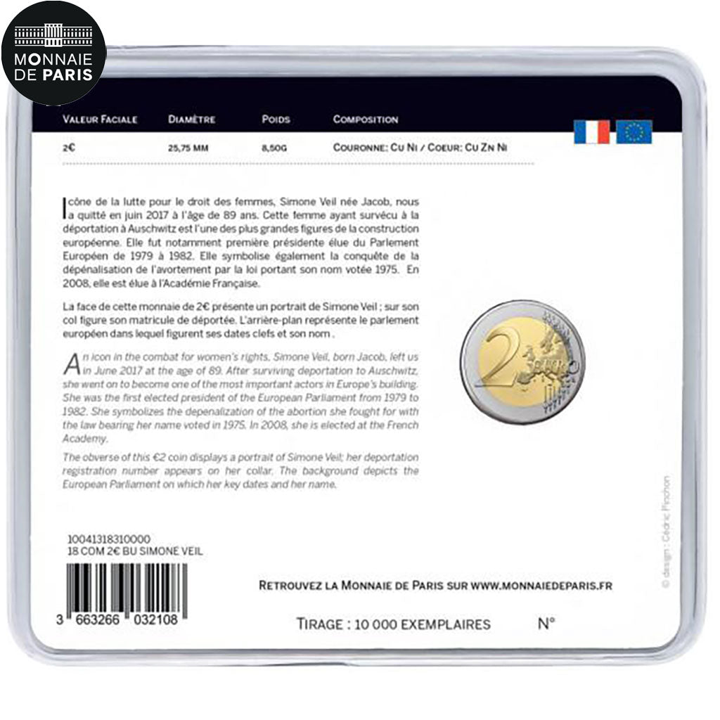 France, Monnaie de Paris, 2 Euro, Simone Veil, 2018, BU, Bimetallic