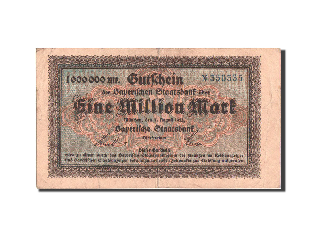 Banknote, Germany, Munich, 1 Million Mark, Bayerische Staatsbank, 1923